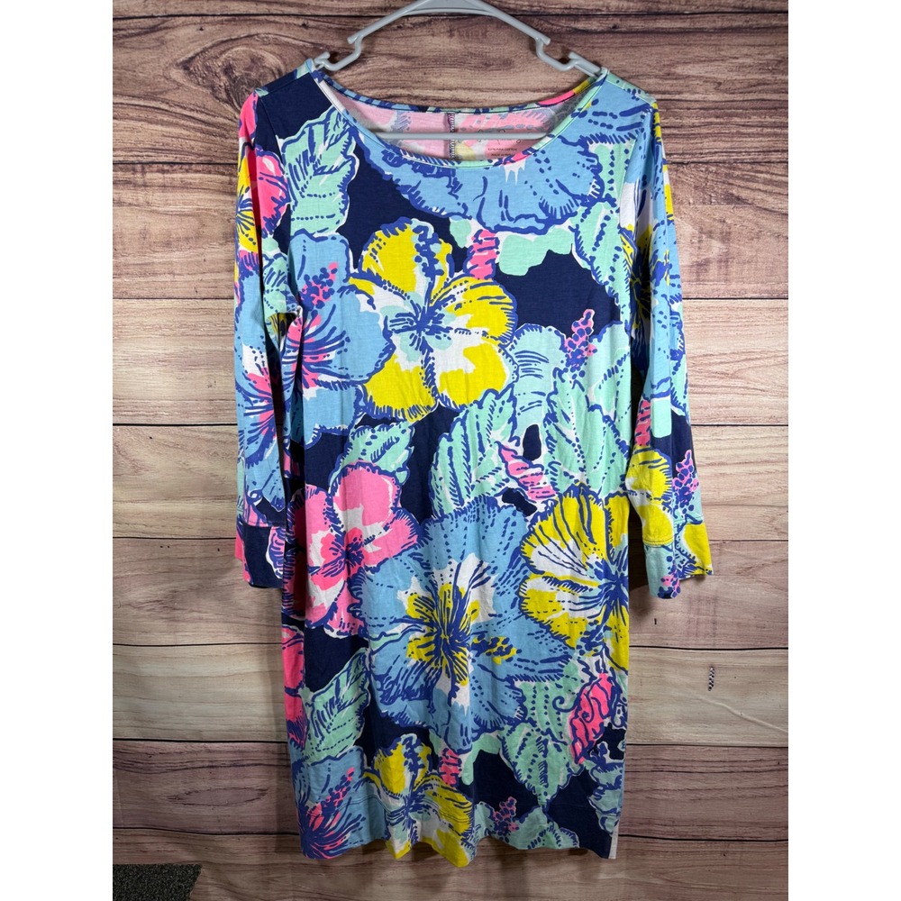 Lilly Pulitzer Etta Dress Pima Cotton Floral Long Sleeve Pink Blue Yellow Size M